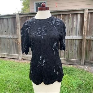 Vtg Black beaded scalloped Blouse/Top